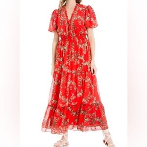 Max Studio Chiffon Tier Vibrant Red Floral Maxi Dress Sz L